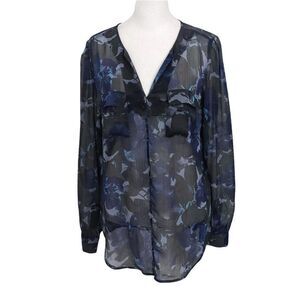 Mossimo Blue and Black Floral Blouse Size Small Sheer Flowy Blouse